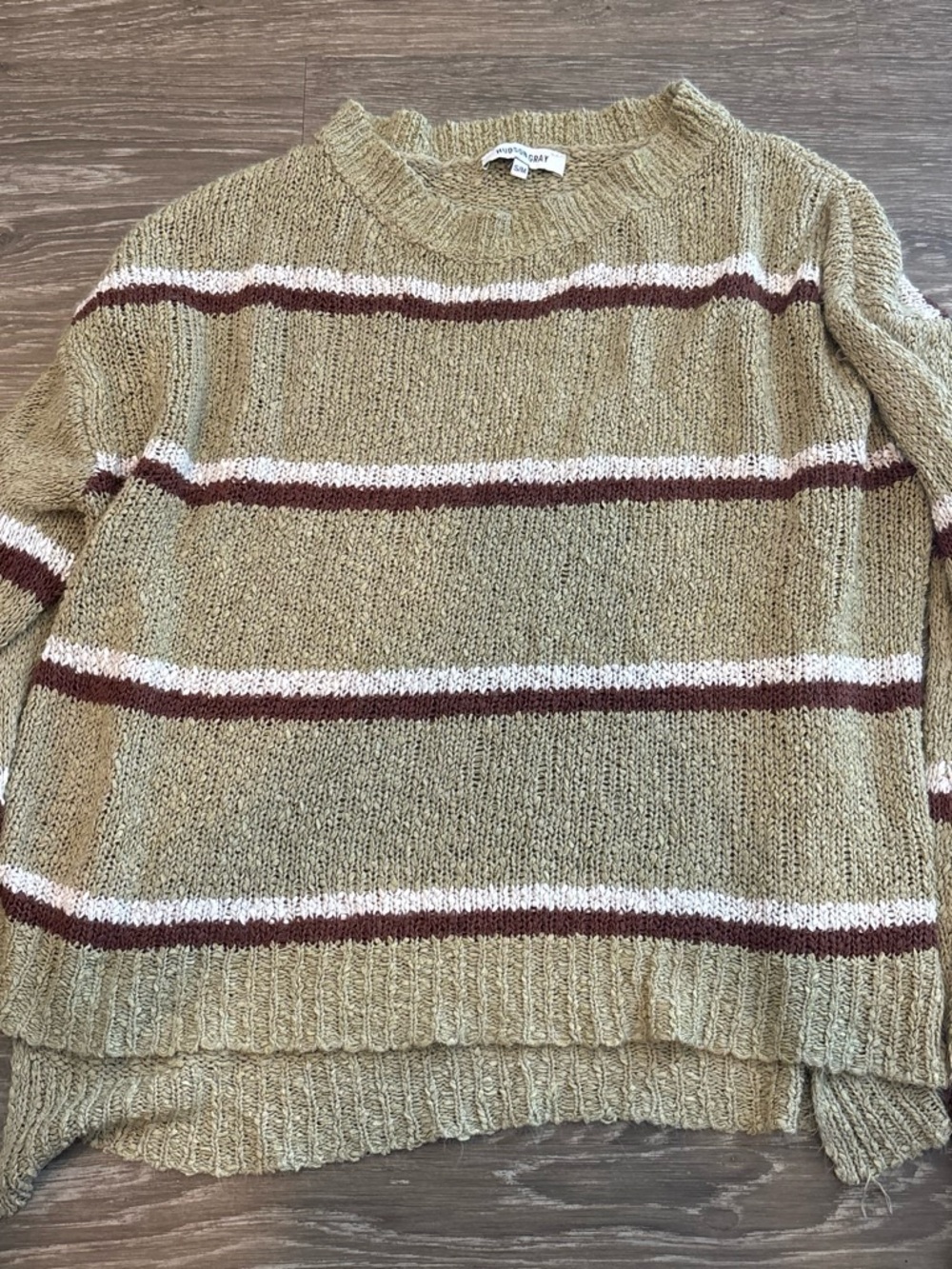 Striped Crewneck Sweater in Olive with Cream & Brown Stripes